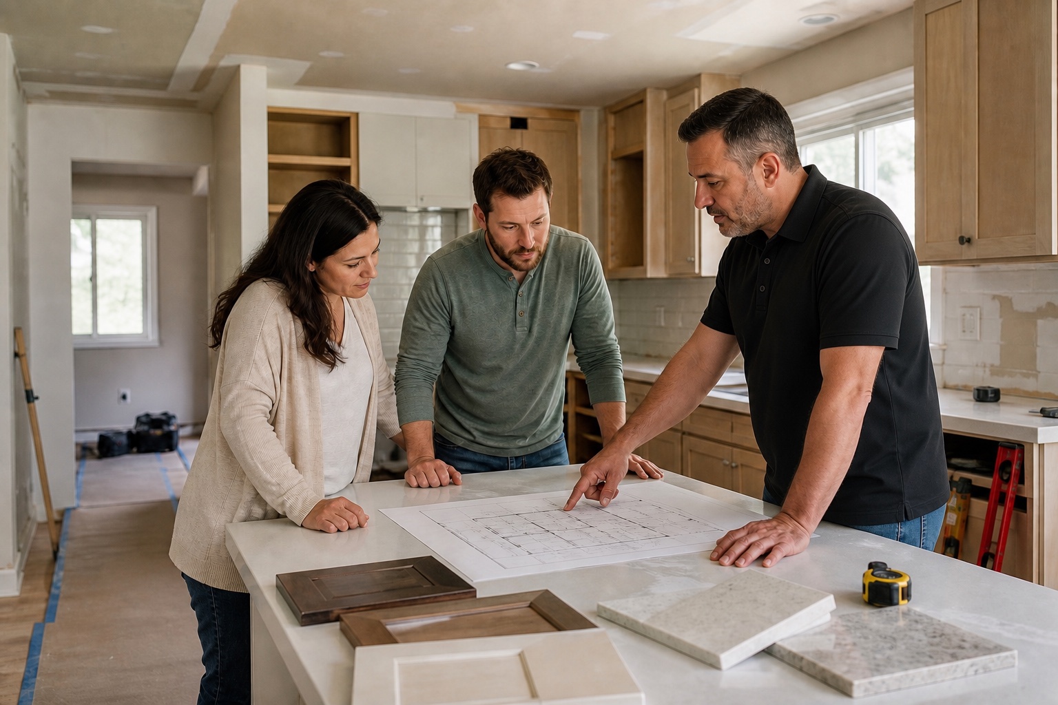 Homeowners reviewing kitchen remodeling plans with a residential contractor