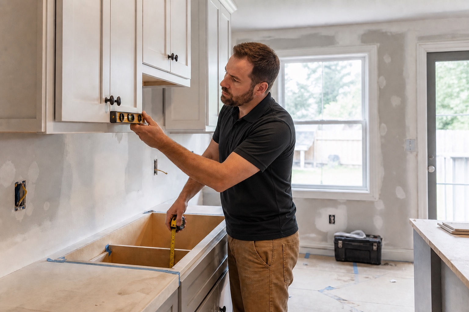 Residential remodeler checking newly installed kitchen cabinetry inside a home